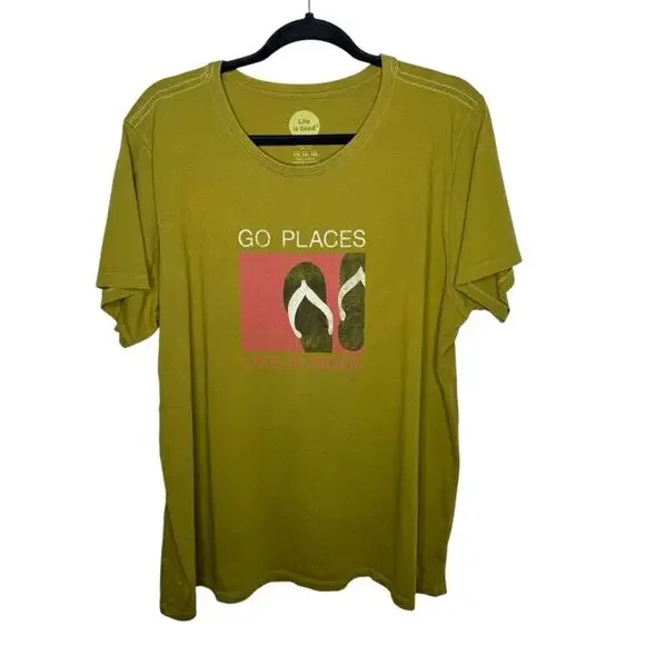LIFE IS GOOD / olive green "Go Places" beach sandal short sleeve tee / XXL - Picture 1 of 7
